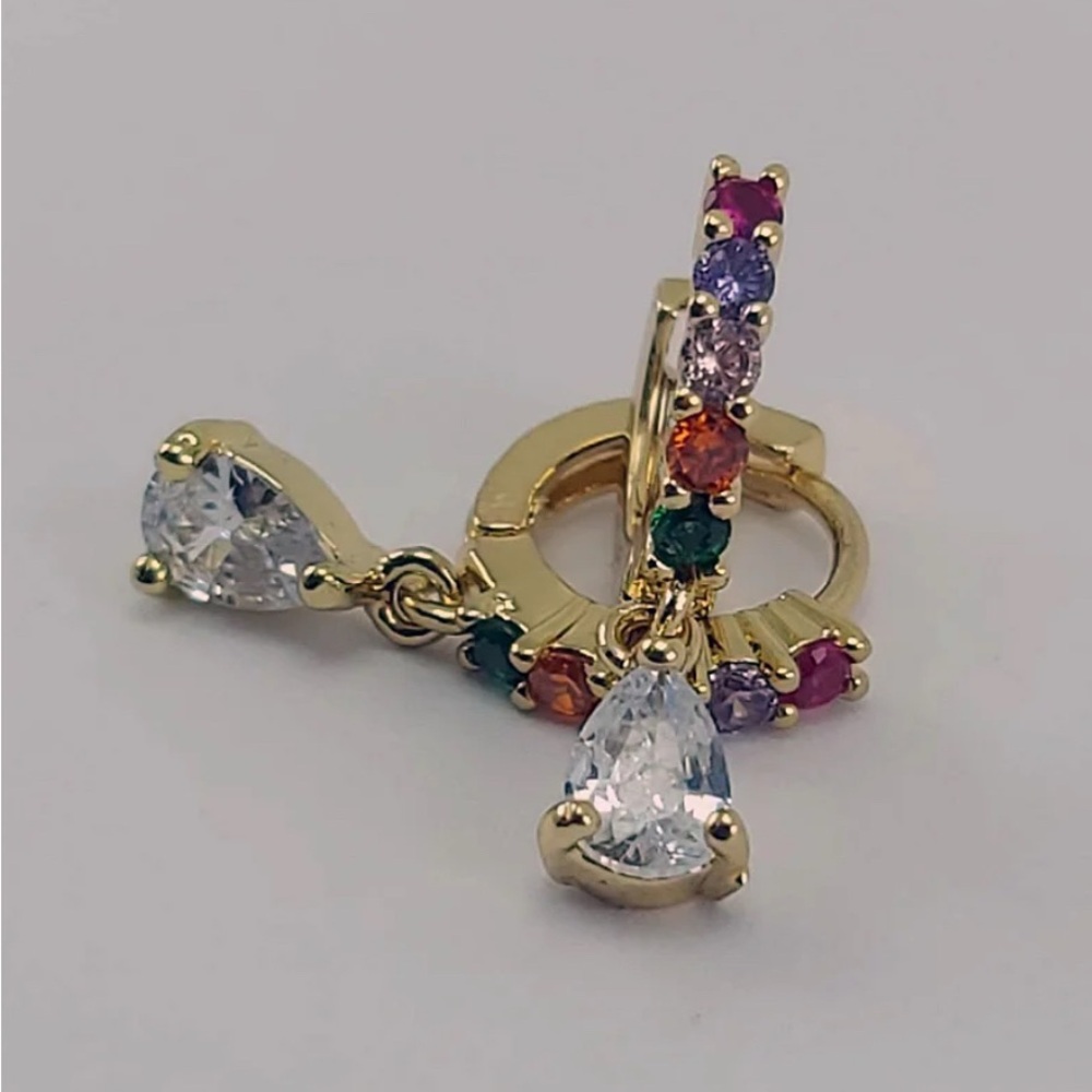 14k Gold Plated Rainbow CZ Gemstone Hoop Earrings. New. - Picture 3 of 8